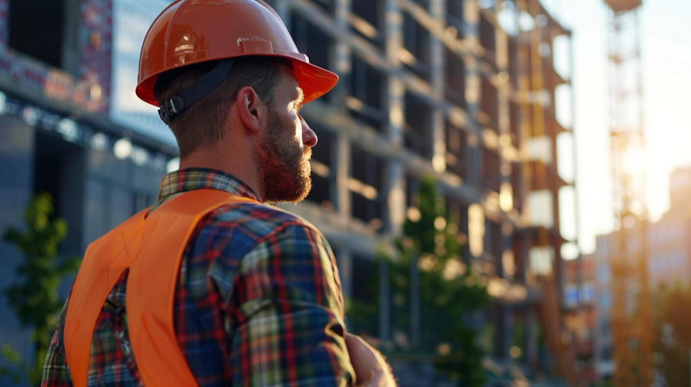 A man walking near a construction site, symbolizing the dedicated work of Osmose Utility Services in maintaining and improving utility infrastructure for safety and reliability.