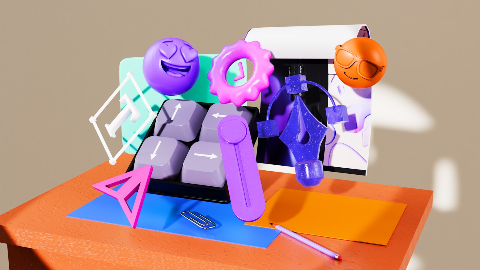 3D render of colorful abstract objects on a desk.