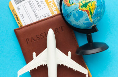 Top view passport and tickets arrangement