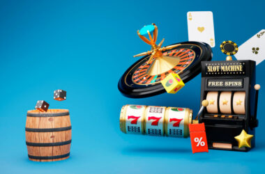 Online casino 3d realistic roulette wheel and slot machine on yellow background 3d rendering