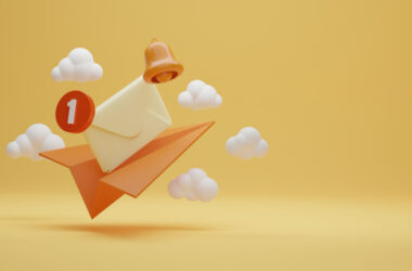 Photo envelope icon with unread message and notification bell icon with paper plane on a yellow background
