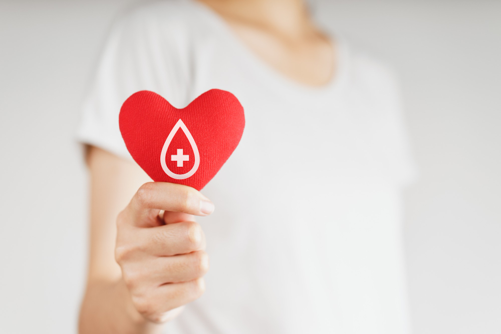 Photo woman hands holding red heart with blood donor sign. healthcare, medicine and blood donation concept
