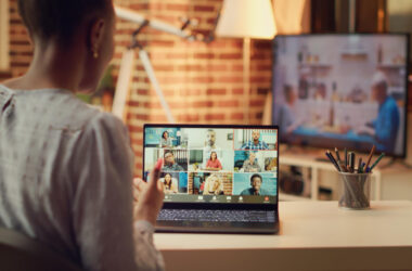 Photo woman attends videocall meeting with partners online, discussing about important freelancing tasks to finish. teleworker talking to contractor on telework chat, remote job at home.
