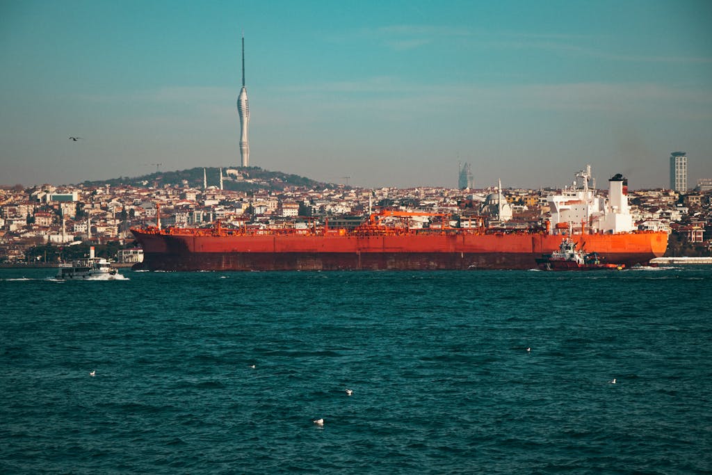 An Oil Tanker o the Bosphorus Strait with the View of the Camlica Tower in the Background