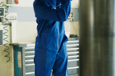 A skilled mechanic works on car maintenance in a professional garage setting.